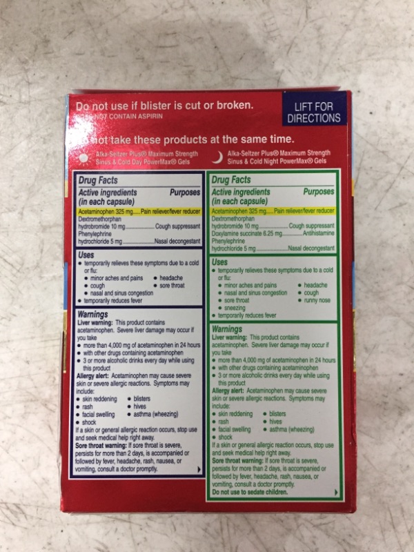 Photo 3 of ALKA-SELTZER PLUS Maximum Strength PowerMax Sinus and Cold Medicine, Day + Night Liquid Gels for Adults with Pain Reliever, Fever Reducer, Cough Suppressant, Nasal Decongestant, 24 Count
