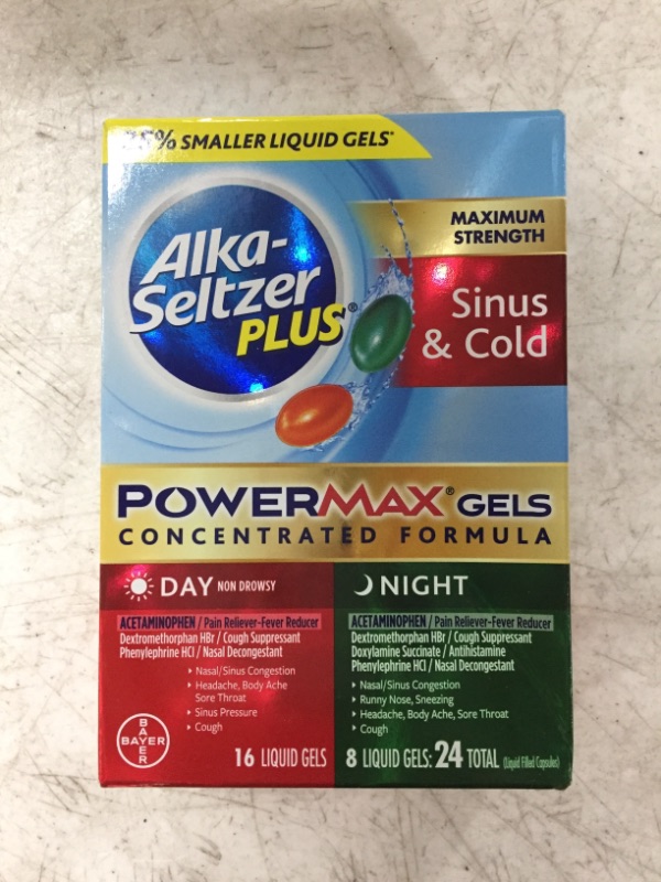 Photo 2 of ALKA-SELTZER PLUS Maximum Strength PowerMax Sinus and Cold Medicine, Day + Night Liquid Gels for Adults with Pain Reliever, Fever Reducer, Cough Suppressant, Nasal Decongestant, 24 Count
