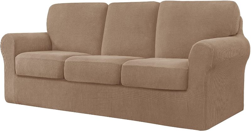 Photo 1 of CHUN YI 7 Piece Stretch Sofa Cover, 3 Seater Couch Slipcover with Three Separate Backrests and Cushions with Elastic Band, Checks Spandex Jacquard Fabric(Large,Camel)
