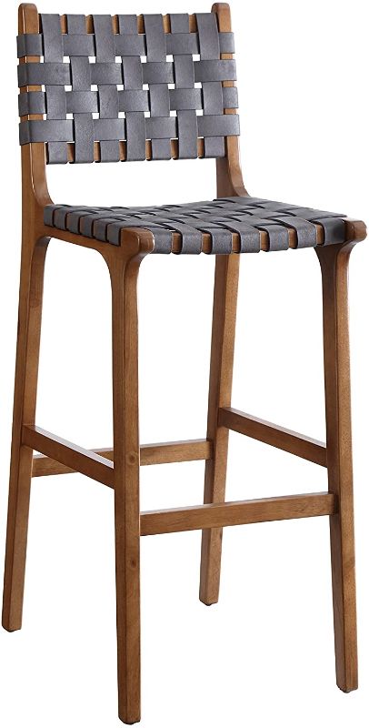 Photo 1 of Ball & Cast Upholstered bar stools with Back, Solid Wood Frame and Faux Leather Woven Strips, bar Height Stool Dark Grey, Fully Assembled