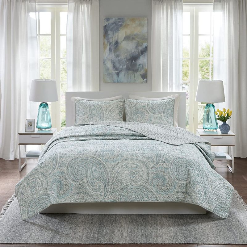 Photo 1 of Comfort Spaces Paisley Design, Double Sided Quilting All Season, Lightweight, Coverlet Bedspread Bedding Set, Matching Shams, King/California King (104 in x 90 in), Kashmir, Blue/Grey