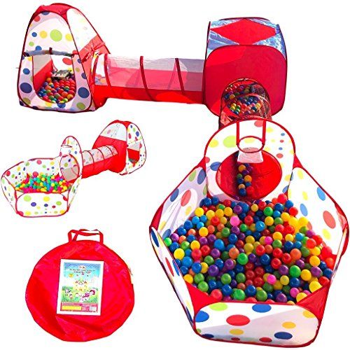 Photo 1 of Playz 5-Piece Kids Play Tents Crawl Tunnels and Ball Pit Popup Bounce Playhouse Tent with Basketball Hoop for Indoor and Outdoor Use with Red Carrying Case, BALLS NOT INCLUDED