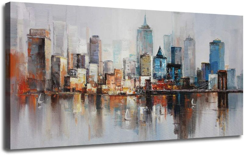 Photo 1 of Canvas Wall Art Prints Modern Abstract Cityscape Brooklyn Bridge Painting Stretched and Framed Modern Colorful New York Skyline Buidlings Picture for Home Office Decor 48"x24", Original Design
