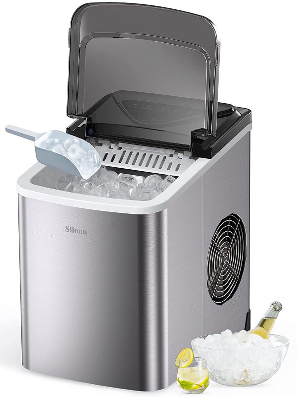 Photo 1 of Silonn Ice Makers Countertop, 9 Cubes Ready in 6 Mins, 26lbs in 24Hrs, Self-Cleaning Ice Machine with Ice Scoop and Basket, 2 Sizes of Bullet Ice for Home Kitchen Office Bar Party
