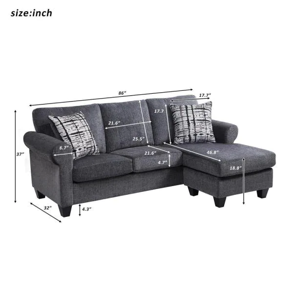 Photo 1 of MAGIC HOME 2 Piece Gray Soft Polyester 3 Seats Convertible L-Shape Reversible Sectionals Sofa with Two Pillows
