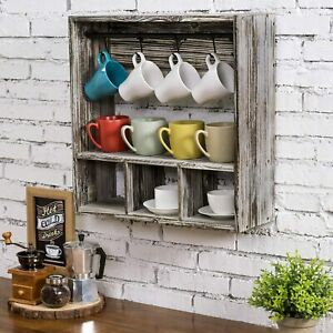 Photo 1 of MyGift Torched Wood Wall Mounted Coffee Mug Cup Display Rack and Storage Shelf
