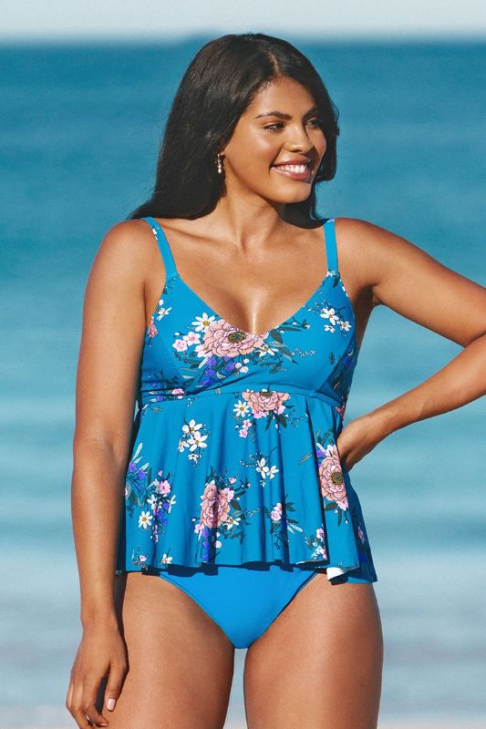 Photo 1 of CUPSHE Blue Floral High Waisted Plus Size Tankini, SIZE XXL
