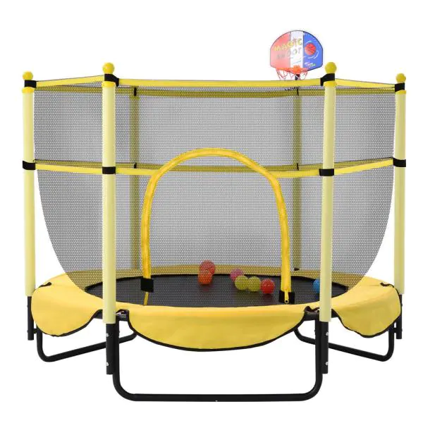 Photo 1 of 5 ft. Mini Outdoor Trampoline with Basketball Hoop, Yellow