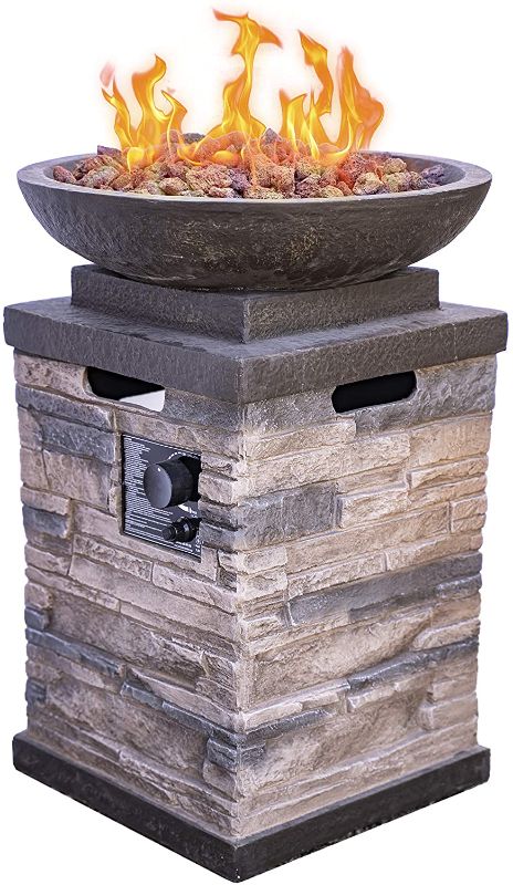 Photo 1 of Bond Manufacturing 63172 Newcastle Propane Firebowl Column Realistic Look Firepit Heater Lava Rock 40,000 BTU Outdoor Gas Fire Pit 20 lb, Pack of 1, Natural Stone