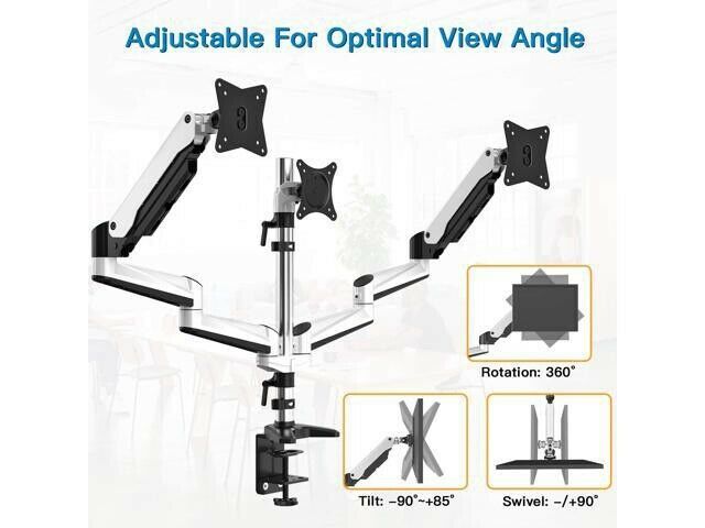 Photo 1 of Huanuo Triple Monitor Stand - Height Adjustable Gas Spring 3 Monitor Arm Desk Mount, Full Motion Articulating Vesa Bracket Fits 13 to 32 Inch Screens with Clamp Grommet Mounting Base
