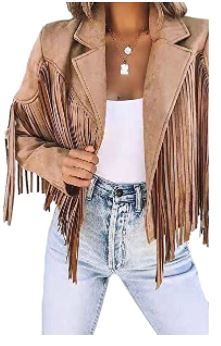 Photo 1 of Women's Tassel Fringed Cropped Motor Biker Jacket Long Sleeve Leather Jacket Suede Leather Outwear, SIZE XL
