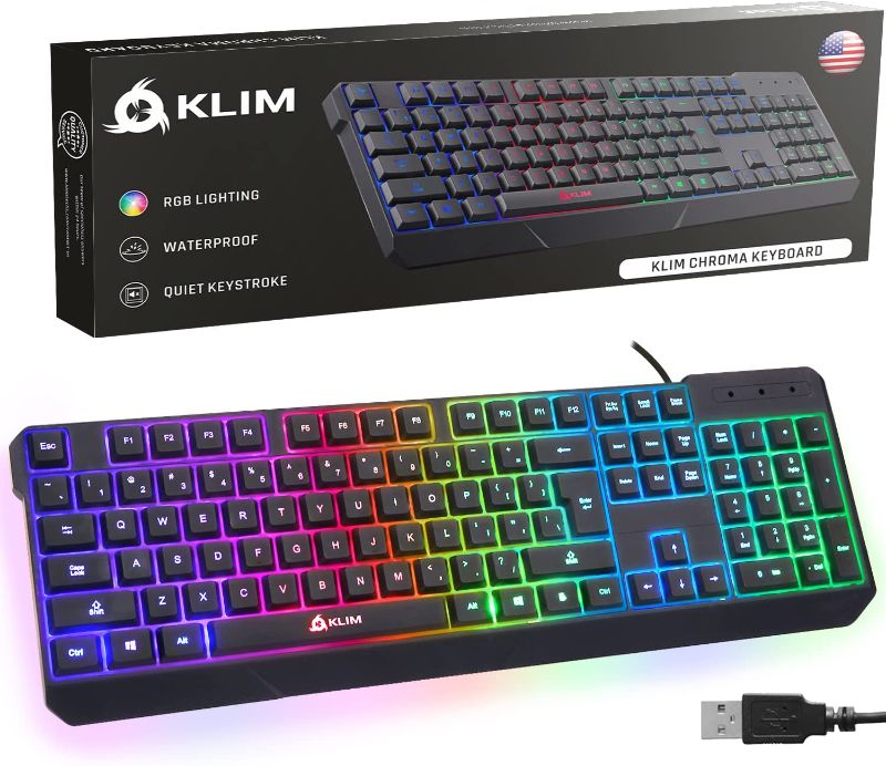 Photo 1 of KLIM Chroma Gaming Keyboard Wired USB + Durable, Ergonomic, Waterproof, Silent Keyboard + 2 ms Response Time + Backlit Keyboard for PC Mac PS4 Keyboard + Teclado Gamer + New 2021 Version + Black
