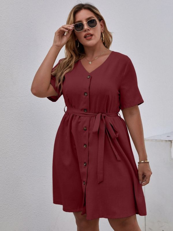 Photo 1 of Plus V-neck Button Front Belted Dress 2XL