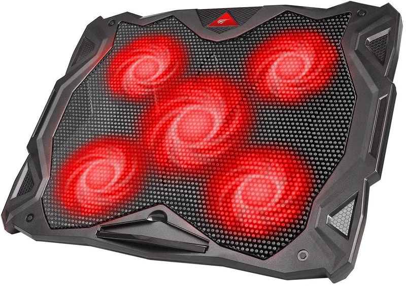 Photo 1 of havit 5 Fans Laptop Cooling Pad for 14-17 Inch Laptop, Cooler Pad with LED Light, Dual USB 2.0 Ports, Adjustable Mount Stand (Red)