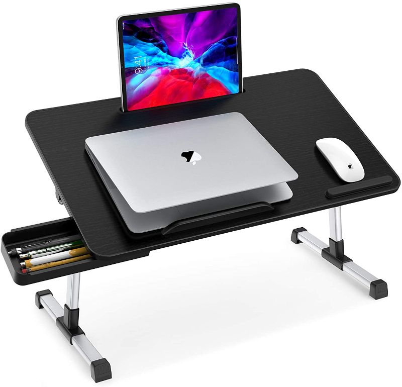 Photo 1 of Laptop Bed Tray Table, LEEHEE X-Large Adjustable Computer Laptop Standing Desk with Foldable Legs, Portable Lap Tablet Table with Storage Drawer for Bed Home Office Working Gaming Eating (Black)
