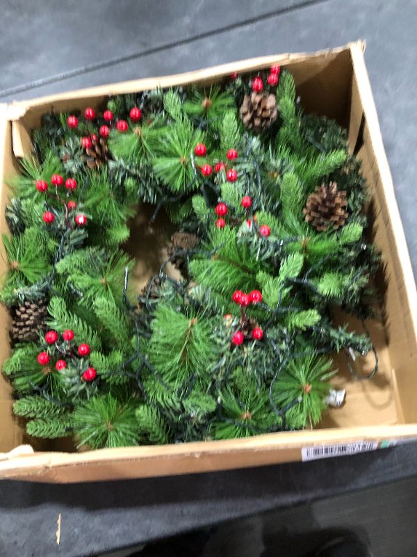 Photo 1 of CHRISTMAS WREATH Artificial Christmas Wreath, Green, Crestwood Spruce, White Lights, Decorated with Pine Cones, Berry Clusters, Christmas Collection, 