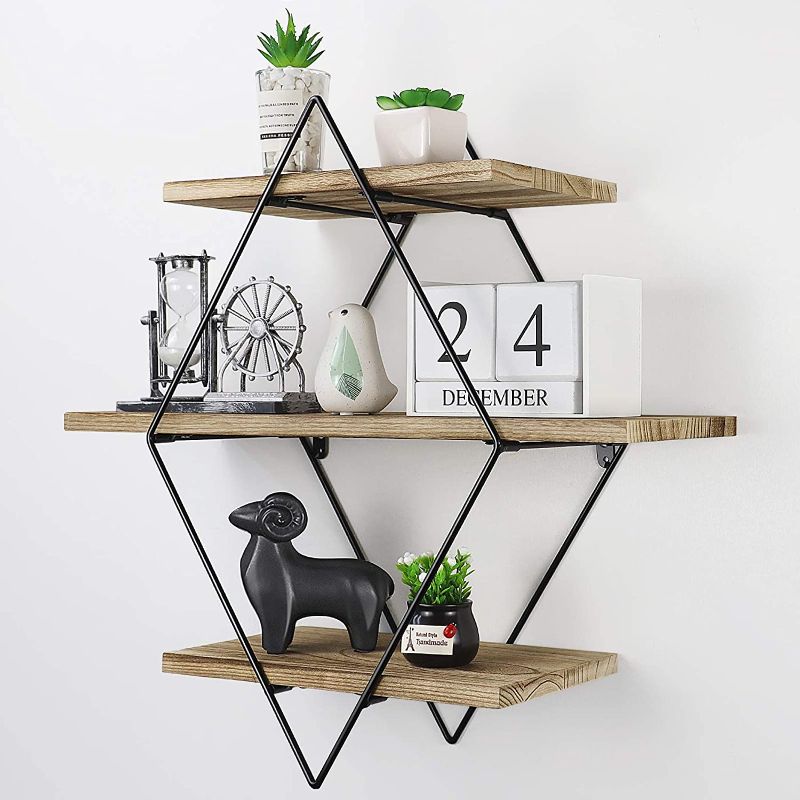 Photo 1 of Befayoo Floating Shelves for Wall, Rustic Wood Geometric Style Decor Shelf for Bathroom Bedroom Living Room Kitchen Office (Diamond, Natural)
