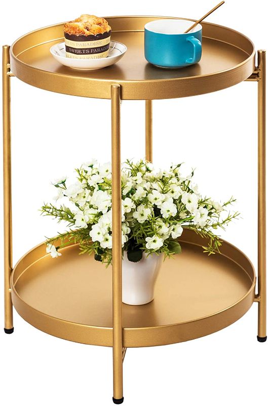 Photo 1 of Gold Metal End Table,2-Tier Round Side Table with Removable Tray,Small Waterproof Sofa Tables,Folding Coffee Table for Outdoor or Indoor Use