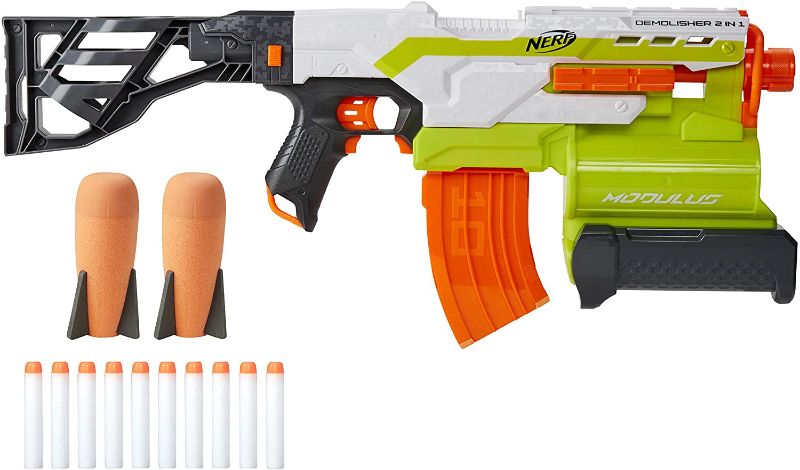 Photo 1 of NERF Modulus Demolisher 2-in-1 Motorized Blaster, Fires Darts and Rockets, Includes 10 Elite Darts, Banana Clip, 2 Rockets, Stock