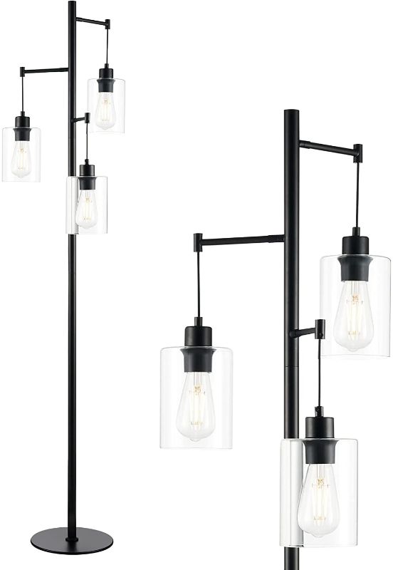 Photo 1 of VONLUCE 3 Lights Modern Industrial Floor Lamp Black, Rustic Tree Standing Lamps with Hanging Glass Shades, 3 Heads Farmhouse Floor Lamp for Living Room, Bedroom, Dining Room, Office, 3 LED Bulbs Incl.
