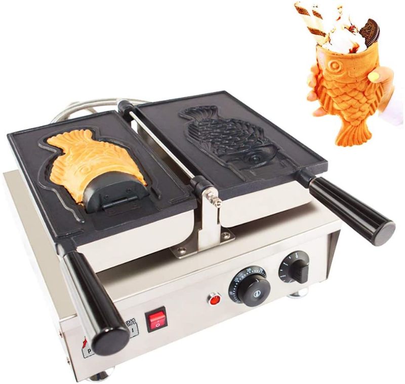 Photo 1 of Big Open Mouth Fish Taiyaki Cone Maker | Stainless Steel Professional Taiyaki Machine with Nonstick Baking Molds | 1 Big Open Mouth Fish Shaped Cone | 110V | 1.5kW
