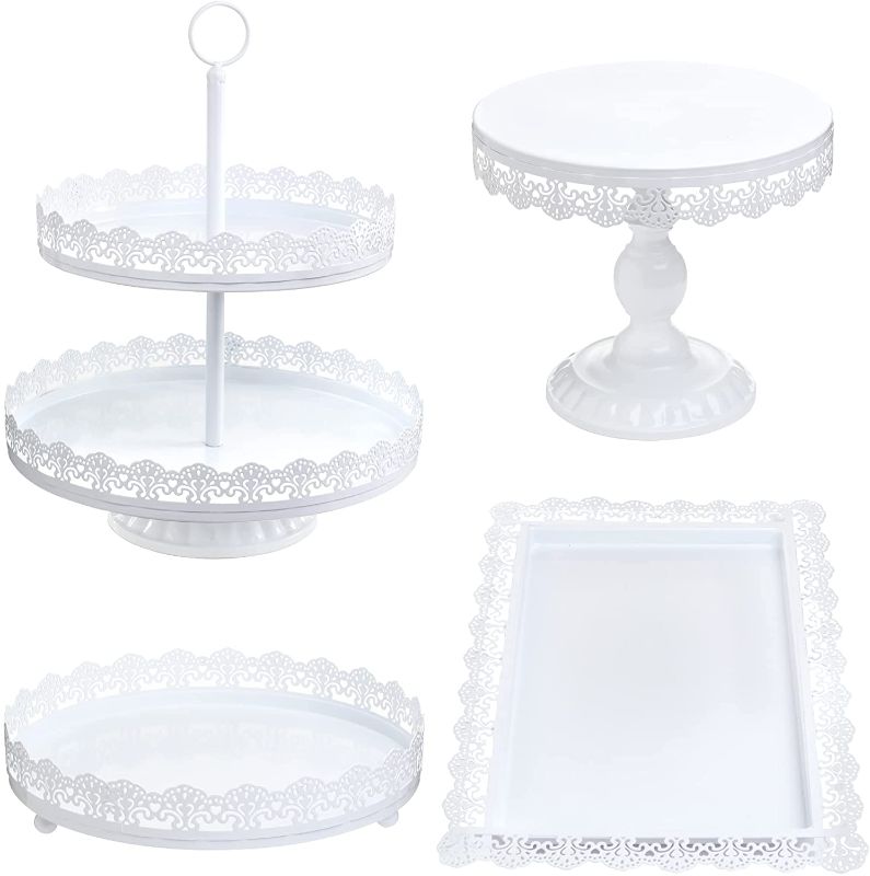 Photo 1 of 4 Pack Cake Stands Set White Metal Cupcake Holder Party Dessert Display Plate Decor Serving Platter for Party Wedding Birthday Baby Shower Celebration Home Decoration