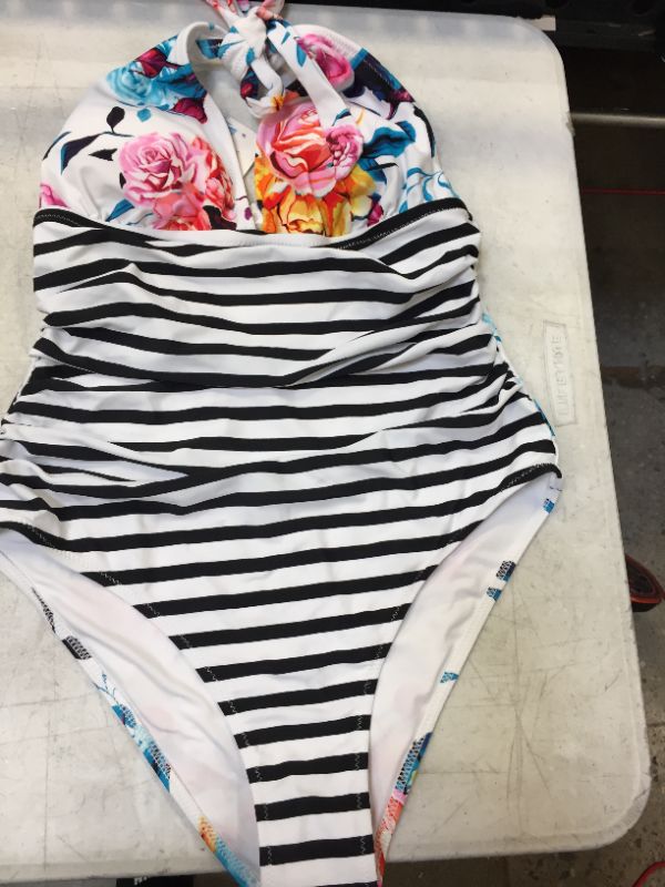 Photo 2 of CUPSHE Bold Floral And Stripe Halter One Piece Swimsuit, SIZE M