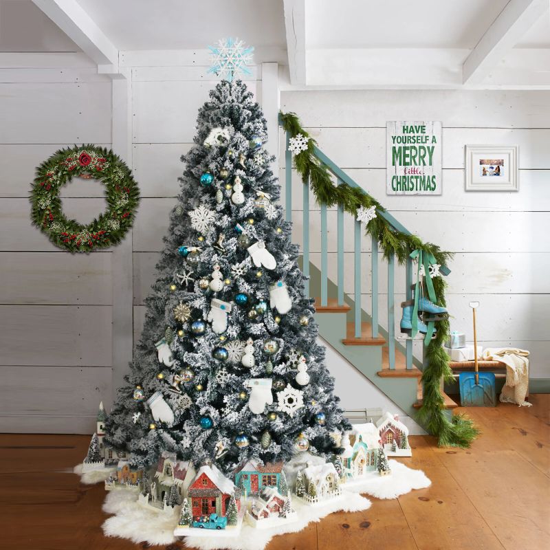 Photo 1 of 7.5ft Christmas Tree Flocked Double Color PVC Leaves Artificial Christmas Tree Decorations for Christmas Home Decor