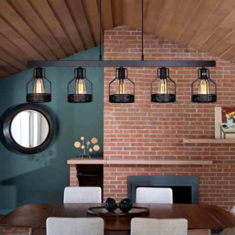 Photo 1 of Farmhouse Pendant Lighting for Kitchen Island Unitary Brand Rustic Black Metal Long Pool Table Light with 5 E26 Bulb Sockets Industrial Hanging Lights Kitchen Light Fixtures Pendant Lights
