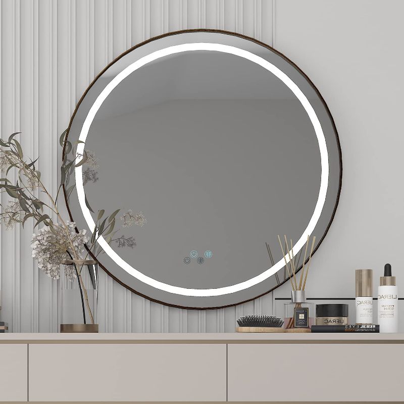 Photo 1 of KOYAMAKI Bathroom LED Mirror 28 Inch Round Wall Mounted Makeup Mirror with Dimmable Lights Anti-Fog Vanity Cosmetic Mirror
