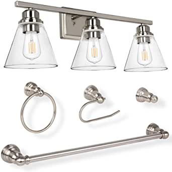 Photo 1 of hykolity 3-Light Vanity Light Fixture, 5-Piece All-in-One Bathroom Set (E26 Bulb Base), GOLD Wall Sconce Lighting W/ Glass Shads, ETL Listed (Bulb not Included), COLOR DIFFERS FROM STOCK
