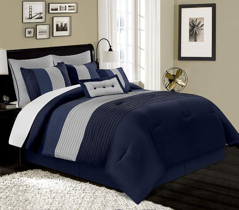 Photo 1 of Chezmoi Collection Loft 8-Piece Luxury Striped Comforter Set (Queen, Navy/Gray/Blue)
