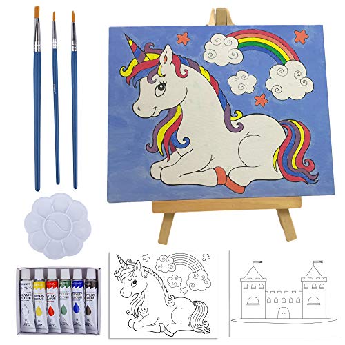 Photo 1 of Kids Paint Set and Paint Easel 14-Piece Acrylic Painting Kit, 6 Non Toxic Washable Paints, 1 Wood Easel, 2 Pre-Stenciled Canvases 8 x 10 inches, 3 Brushes, Palette, Color Mixing Chart Craft Supplies