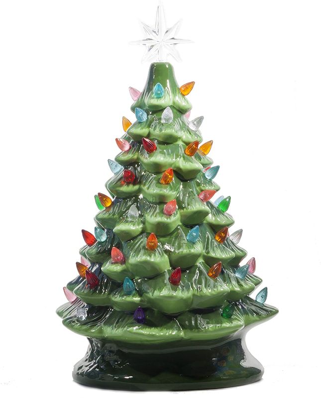 Photo 1 of Christmas is Forever Lighted Tabletop Ceramic Tree, 16 Inch Green Tree with Multicolored Lights
