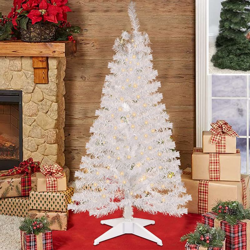 Photo 1 of Juegoal 4 FT Pre-lit Artificial Christmas Tree, Lighted White Tinsel Pencil Pine Spruce Trees with 70 Warm White LED Lights, 8 Lighting Mode & Timer Function for Xmas Holiday Winter Home Party Decor
