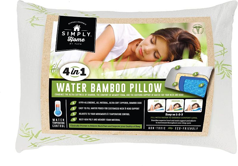 Photo 1 of Cooling Memory Foam Bamboo Water Pillow | Hypoallergenic & Adjustable Queen Bed Pillows for Sleeping | Firm & Soft Head Support for Neck Pain & a Washable Zippered Non Toxic Bamboo Case to Stay Cool
