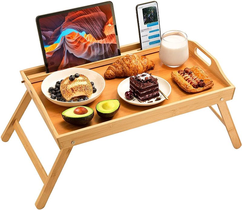 Photo 1 of Bamboo Bed Tray Table, Large Breakfast Tray - 21.7x14 Inch with Folding Legs, Multipurpose Serving Tray Use As Portable Laptop Tray, Snack Tray, Platter Tray for Working, Eating, Reading 