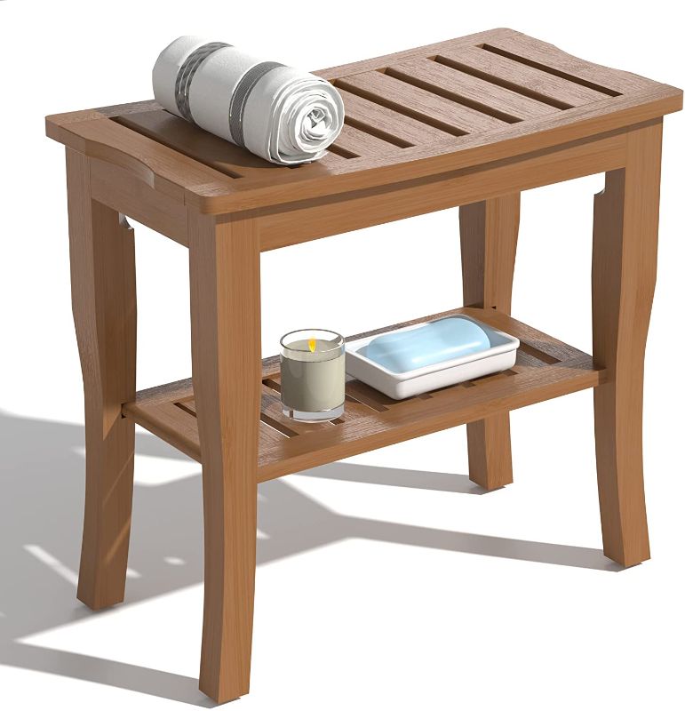 Photo 1 of Bamboo Shower Bench with Shelf-Waterproof Wood Shower Stool for Inside Shower Spa Sauna?Walnut
