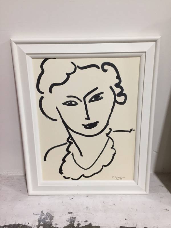 Photo 1 of HENRI MATISSE TETE DE FEMME BLACK  WHITE PRINT STYLE DECORATIVE ARTWORK APPROX 39 X 32 INCHES FRAMED IN WHITE