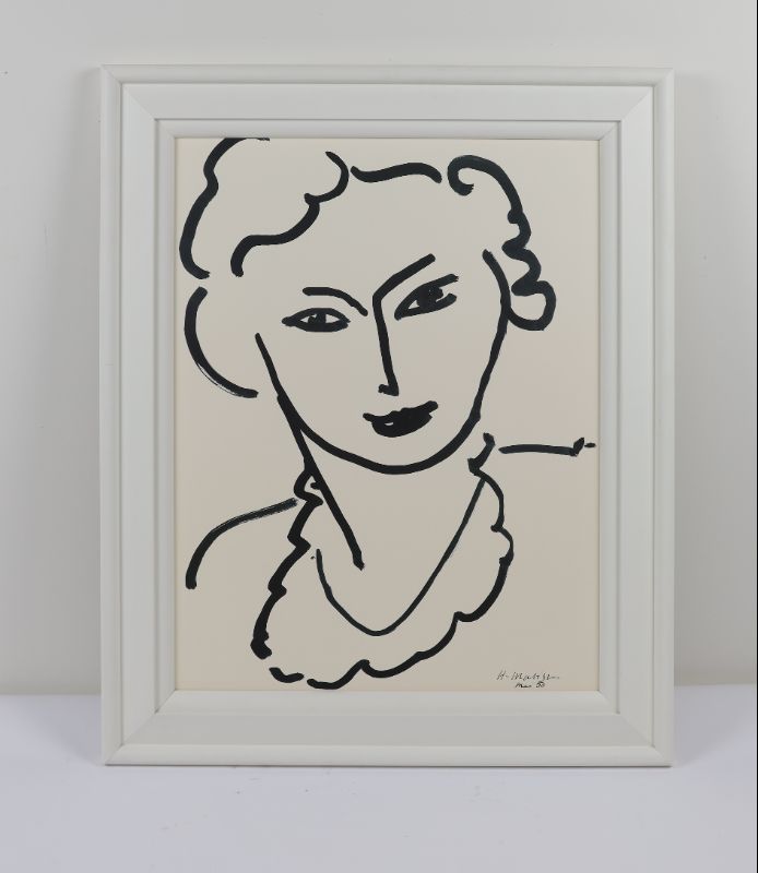 Photo 2 of HENRI MATISSE TETE DE FEMME BLACK  WHITE PRINT STYLE DECORATIVE ARTWORK APPROX 39 X 32 INCHES FRAMED IN WHITE