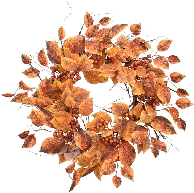 Photo 1 of Cloris Art Artificial Fall Wreath Boston Ivy/Berry - 22-24 Inch Yellow Rustic Wreaths for Thanksgiving Farmhouse Wall Decor
