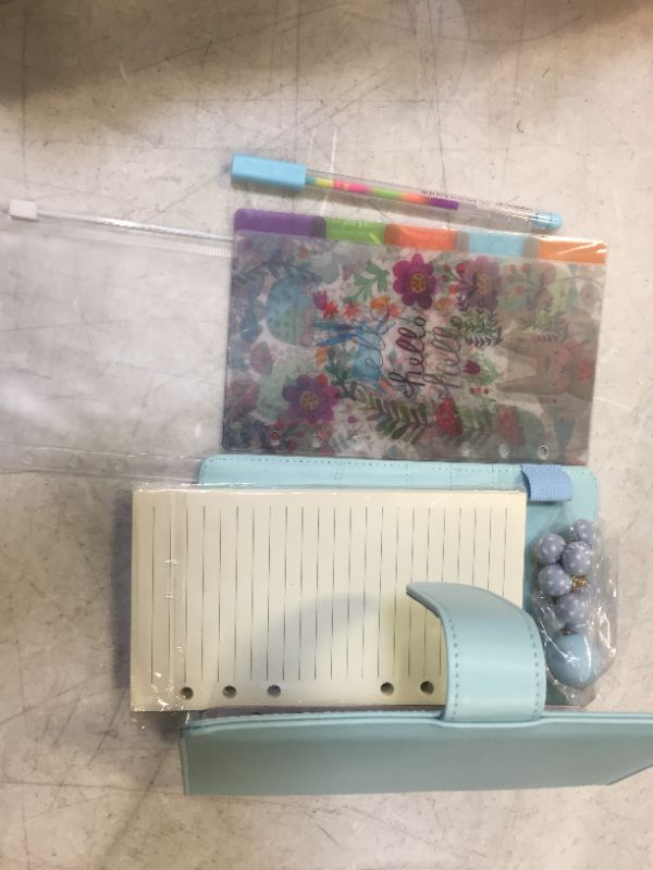 Photo 2 of A6 Binder 6-Ring Spiral Notebook Personal Planner with Refills x80 Sheets, Zip Pouch Bag x1, Rainbow Pen x1, Divider Tabs x5, Today Ruler x1, Pendant Deco x1 Harphia (Mint Blue, A6 7.48 x 5.51'')
