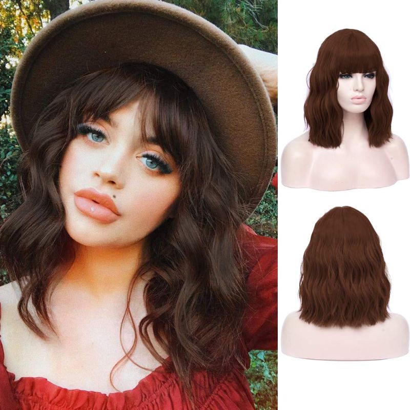 Photo 1 of Short Bob Wigs with Bangs Curly Natural Wavy Short Wig Synthetic Cosplay Wig Heat Resistant Bob Party Wig Colorful Costume Wigs (14inch Brown)