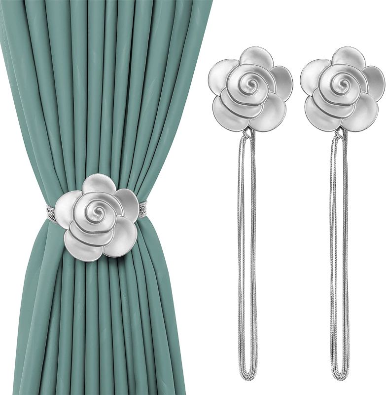 Photo 1 of 2-Pack Magnetic Curtain Ties, KENOBEE Resin Curtain Curtain Holder, Vintage Curtain Trim Holder with Rope for Home Office Balcony, Camellia Silver, 2 PACKS
