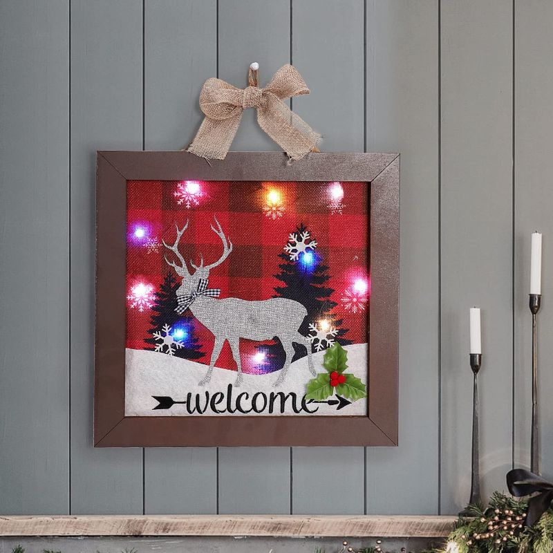Photo 1 of APCHFIOG Christmas Hanging Sign with Led Lights Decorative Photo Frame Ornament Wall Art of Elk Snowflakes Trees Welcome Sign for Home Party Door Decor

