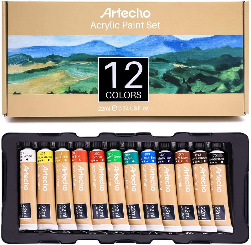 Photo 1 of Artecho Acrylic Paint Set of 12 Colors, 22ml / 0.74oz Primary Acrylic Paint for Beginners, Kids, Adults, Supplies for Wood, Fabric, Shoe, Rock, Crafts & Canvas
