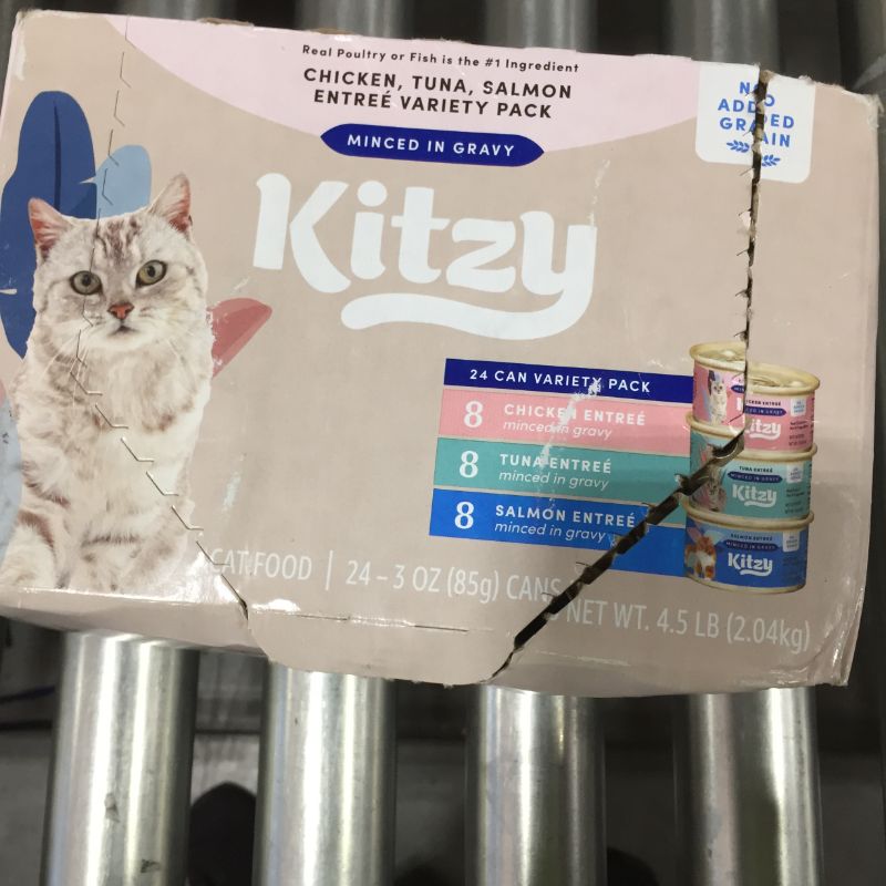 Photo 3 of Amazon Brand - Kitzy Wet Cat Food, Paté, No Added Grain, 3 oz cans, Pack of 24 (Chicken, Salmon, Turkey)
