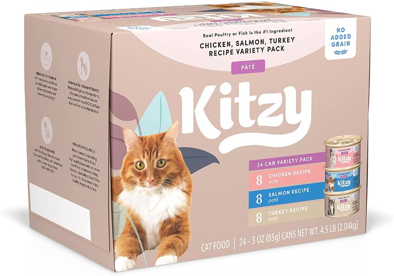 Photo 1 of Amazon Brand - Kitzy Wet Cat Food, Paté, No Added Grain, 3 oz cans, Pack of 24 (Chicken, Salmon, Turkey)
