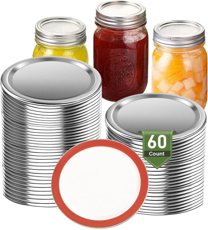 Photo 1 of 60-Count Wide Mouth Canning Lids for Ball, Kerr Jars - Split-Type Leak-Proof Mason Jar Lids for Canning 100% Fit & Airtight for Wide Mouth Mason Jars (60Pcs 86MM Silver)
