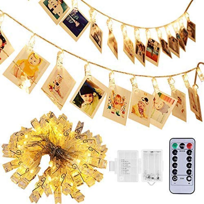 Photo 1 of 50 LED Photo Clip Lights - Adecorty 8 Modes Battery Powered Photo Clips String Lights with Remote & Timer, Cards Pictures Holder for Christmas Wedding Dorm Bedroom Decor (17.4ft, Warm White)
